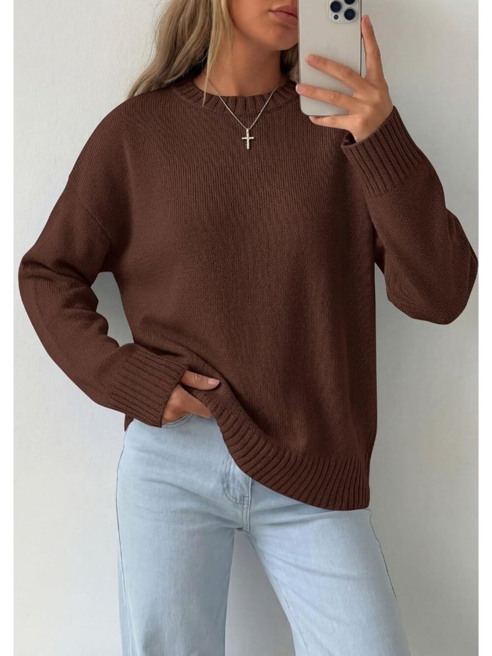 Women's Brown Crewneck Long Sleeve Solid Ribbed Knit Top Oversized Fall Sweater - Picture 2 of 6